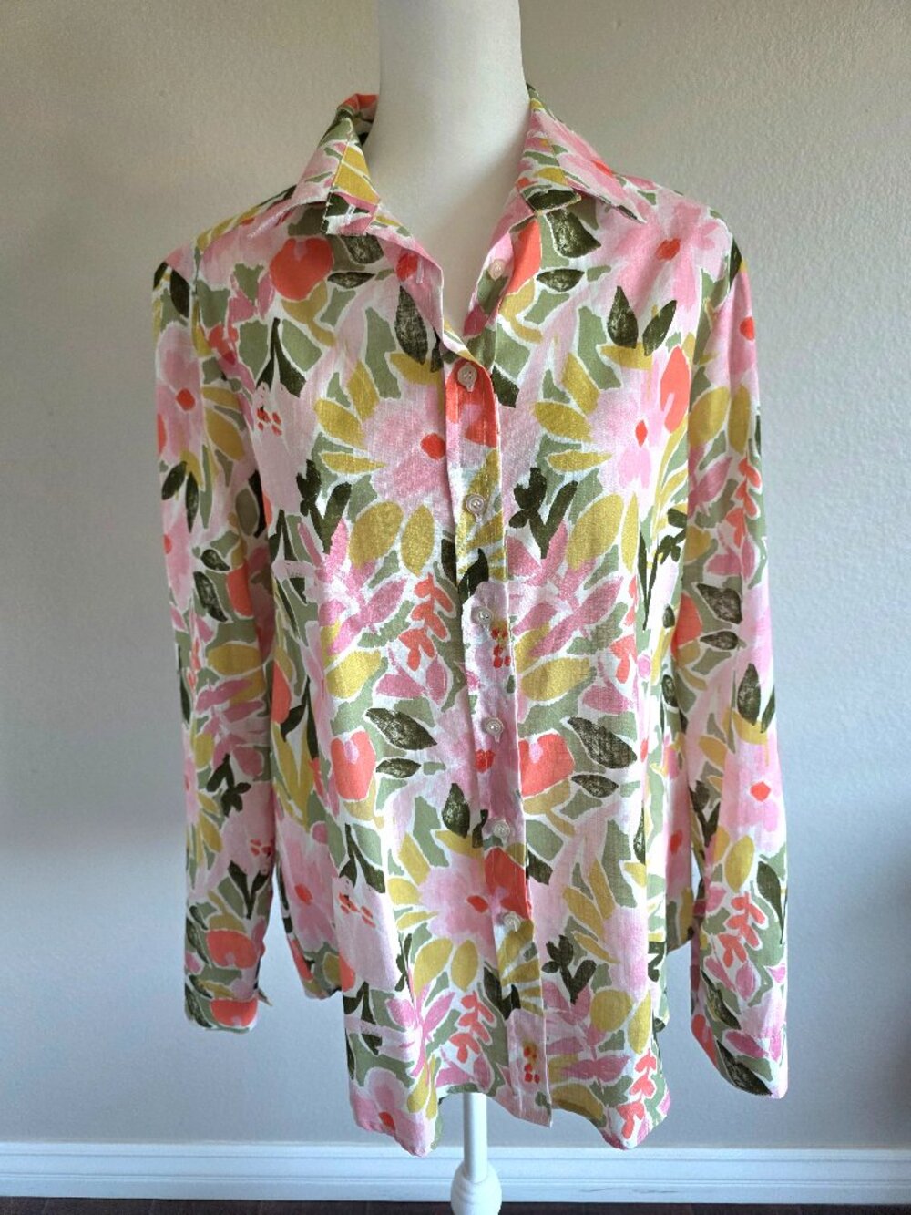 Poeta Women 100% Linen Artsy Floral Button Shirt Blouse XL XXL Long Sleeve